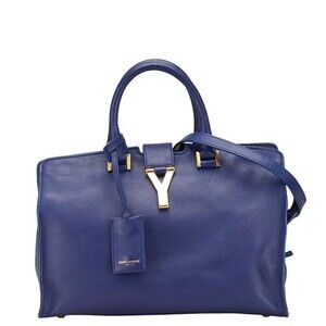 Saint Laurent YSL Logo Cabas Handbag Shoulder Bag Blue Leather